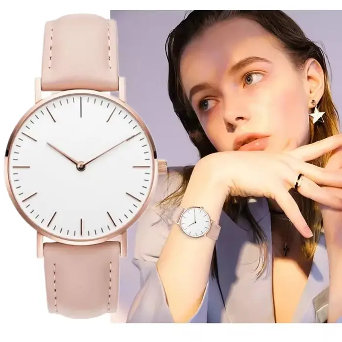 Montre élégante en cuir pour femme rose et blanche simple et décontractée pour occasions spéciales et quotidienne