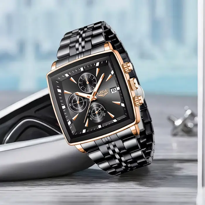 Montre homme LIGE avec cadran carré acier inoxydable étanche chronographe auto date pour hommes occassions diverses