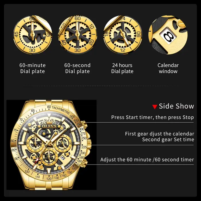 Montre OLEVS en acier inoxydable avec chronographe pour hommes résistante à l'eau et avec calendrier complet occassions spéciales et quotidienne