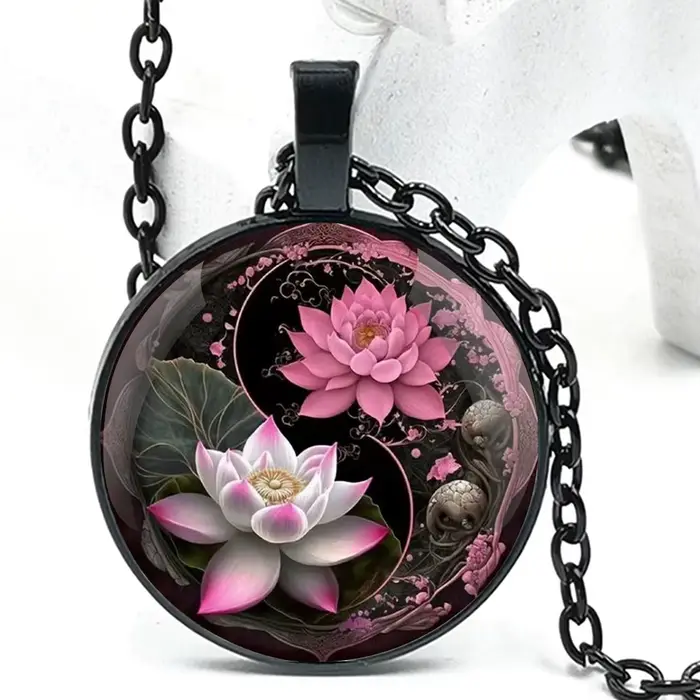 Yin-Yang Lotus Design – montre de poche à Quartz noir, coffret cadeau avec chaîne durable et cadran