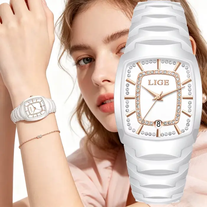 Montre à quartz de luxe LIGE pour femmes finition céramique résistante à l'eau pour toutes les occasions