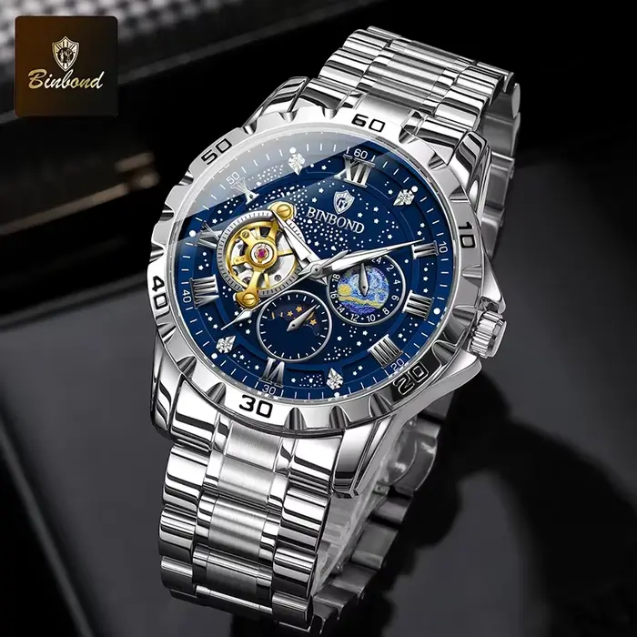 BINBOND Top luxe hommes montre mécanique automatique Phase de lune homme montre-bracelet creux Tourbillon acier