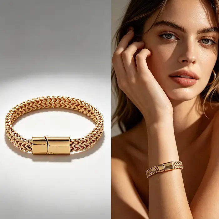 Bracelet en acier inoxydable tressé double rangée, motif écaille de poisson, avec boucle magnétique 