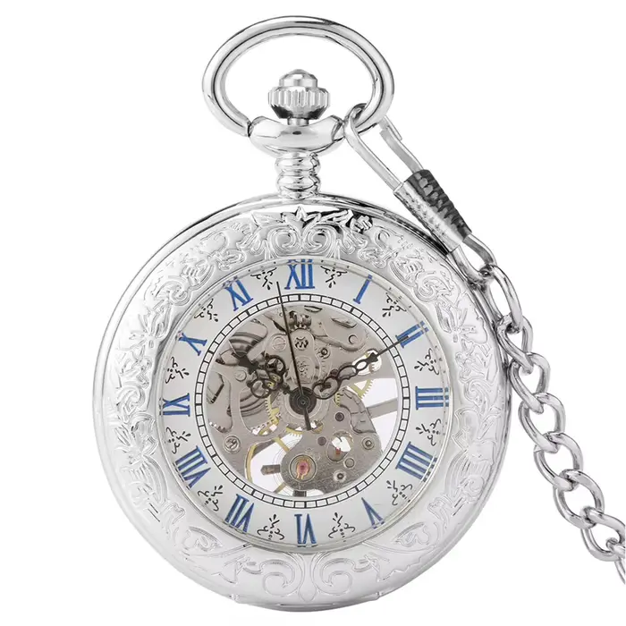 Montre de poche Antique en argent mécanique, vent manuel, affichage de chiffres romains bleus exquis