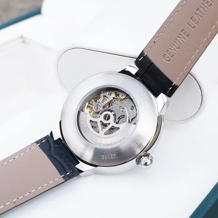 OBLVLO 45mm montre automatique pour hommes boîtier argenté bracelet en cuir noir montre mécanique classique avec motif de fille Sexy