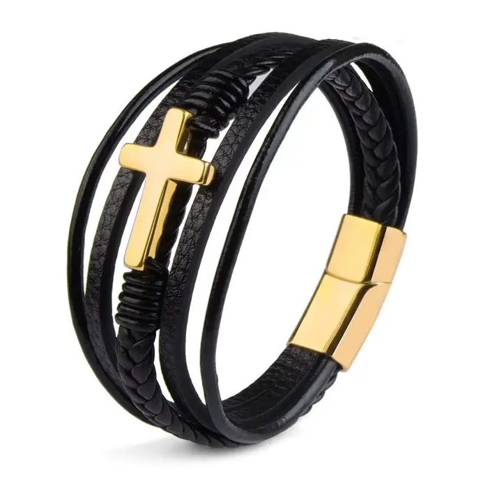 HNSP – Bracelet en cuir et métal croisé pour hommes, accessoires de bijoux
