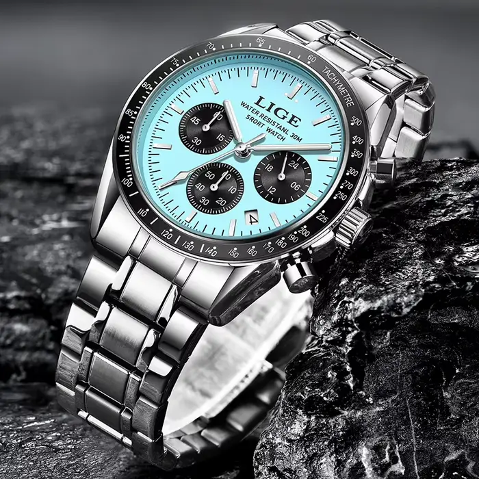 Montre homme LIGE acier inoxydable sport quartz avec chronographe et résistance à l'eau pour activités quotidiennes et sportives