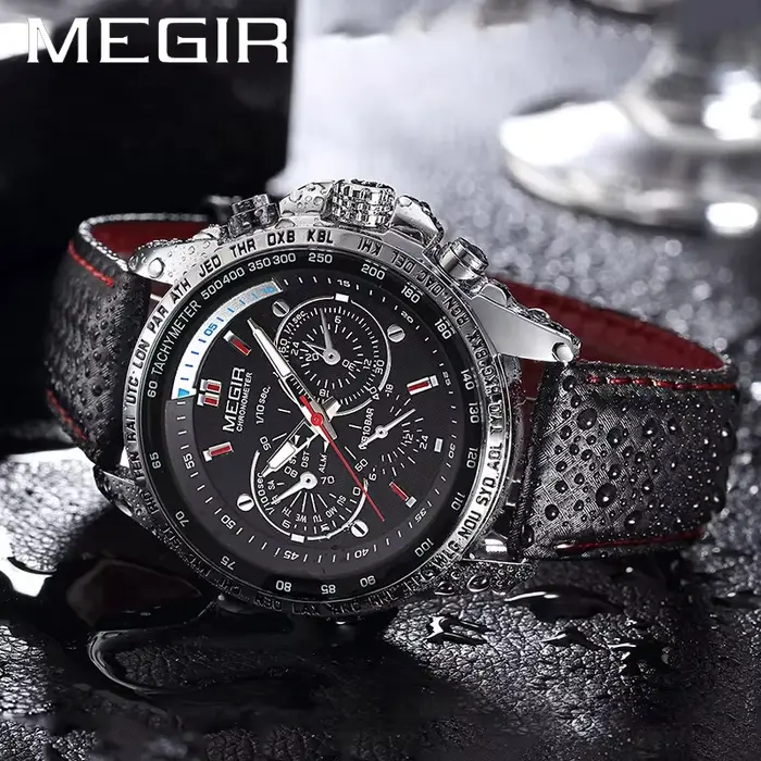 MEGIR mode homme Quartz analogique montre-bracelet marque étanche luxe en cuir montres pour hommes décontracté noir montre mâle 1010