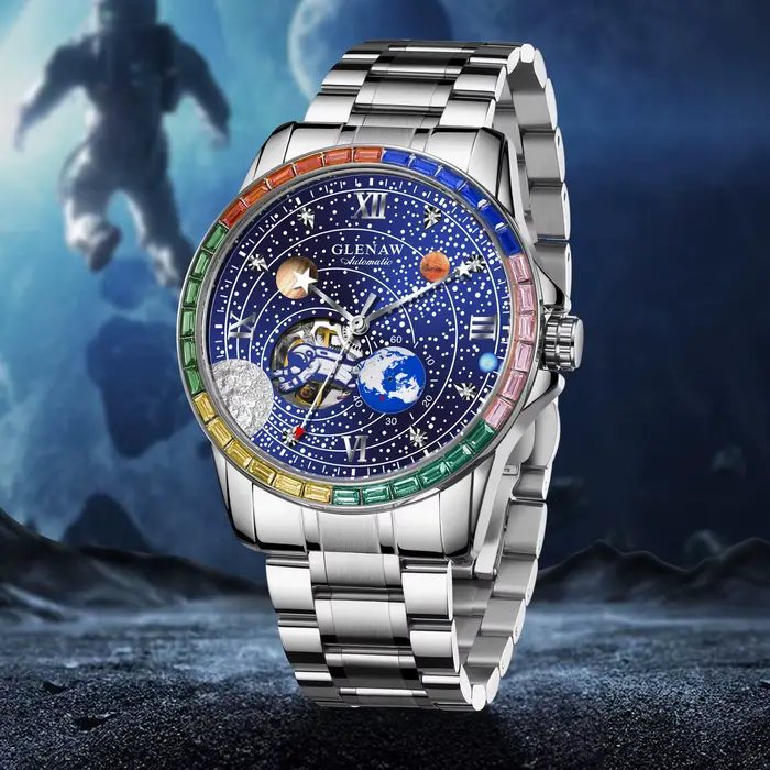 GLENAW Nouvelle Montre Mécanique Rotative Homme Cadran Astronaute Espace Lumière Nocturne Étanche Bracelet Acier