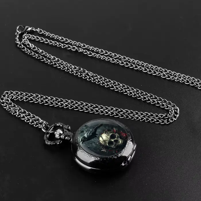 Montre de poche vintage à quartz motif lune crâne corbeau bijou unisexe chaîne acier inoxydable pour homme femme occasions spéciales