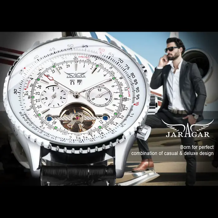 JARAGAR Tourbillon montre automatique pour hommes multifonction sous-cadrans sport militaire montres mécaniques bracelet en cuir de luxe nouveau
