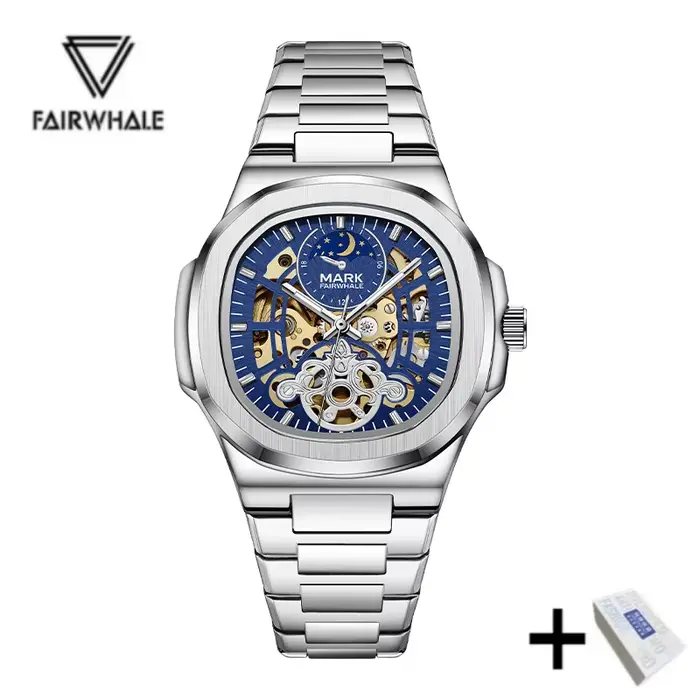 Mark Fairwhale mouvement automatique 6012 nouveau cadran de Phase de lune creuse Tourbillon en acier inoxydable étanche mécanique montre pour hommes