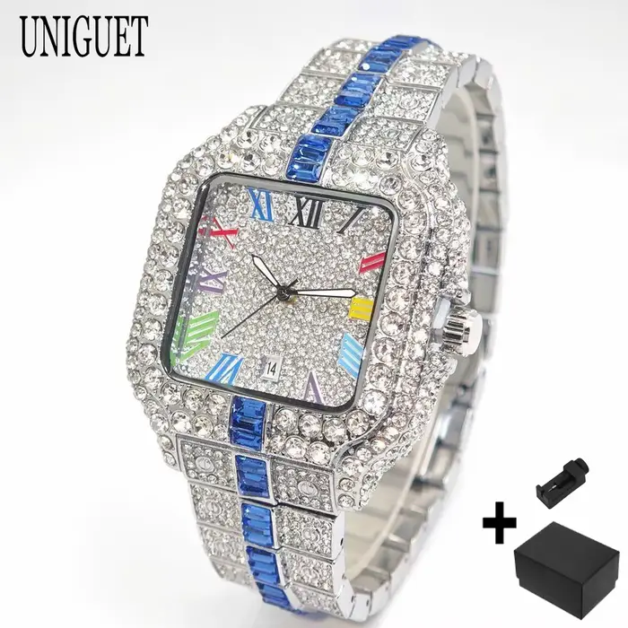2025 marque de luxe hommes montre à Quartz mode arc-en-ciel numérique Rome cadran calendrier étanche Hip Hop diamant montre-bracelet pour homme cadeau