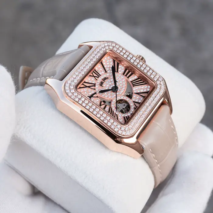 Montre habillée carrée pour femme cadran en or rose diamant chiffres romains bracelet en cuir gris montre-bracelet
