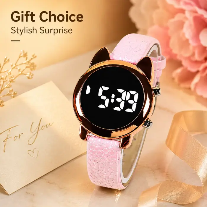 Montre numérique LED avec design oreilles de chat, boîtier en or rose et bracelet brillant gaufré pour femmes occasions spéciales et tenues quotidiennes