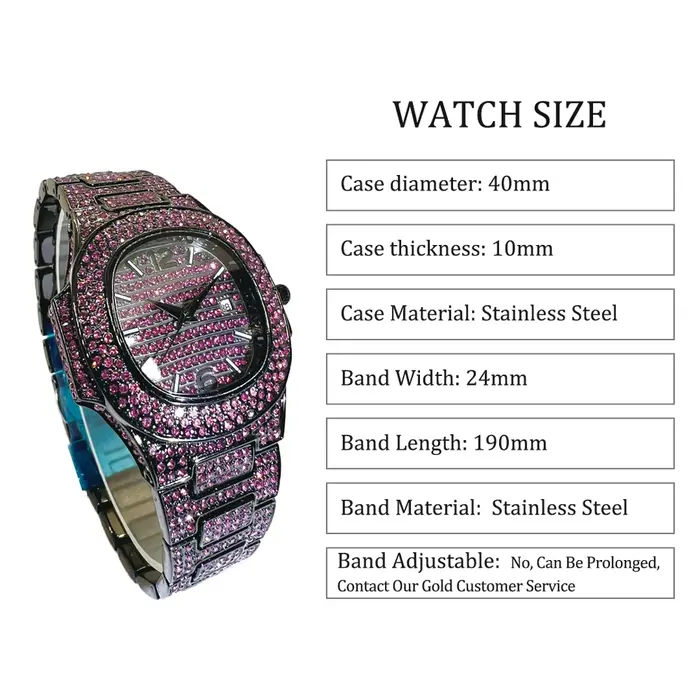 Montre Hip Hop en diamant rose pour hommes