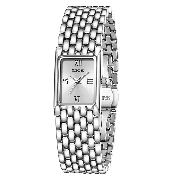LIGE argent femmes montre carré dame montres à Quartz en acier inoxydable cadran romain