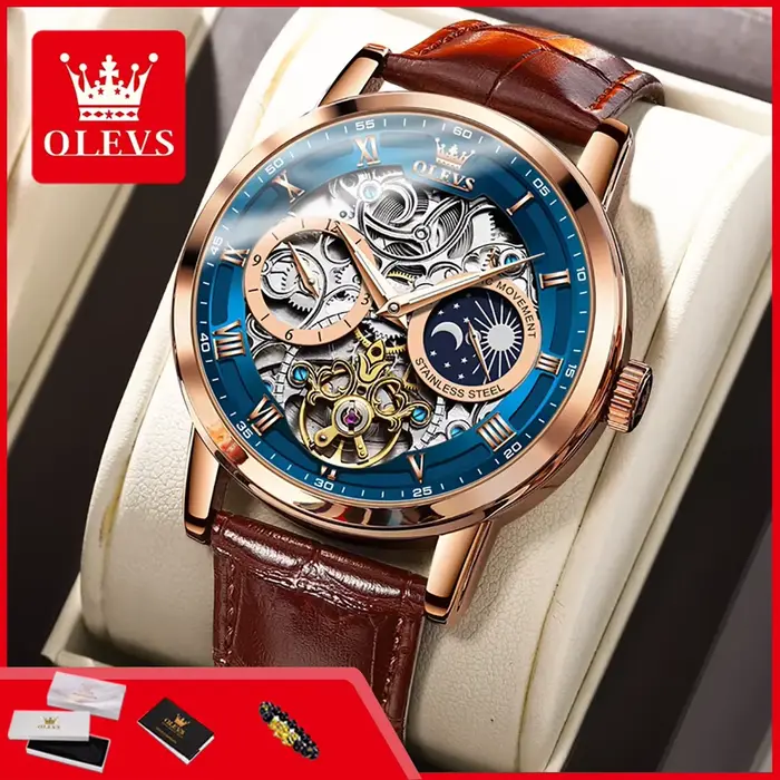 Montre automatique OLEVS 6670 design squelette bracelet en cuir phase lunaire résistante à l'eau pour homme occasions spéciales