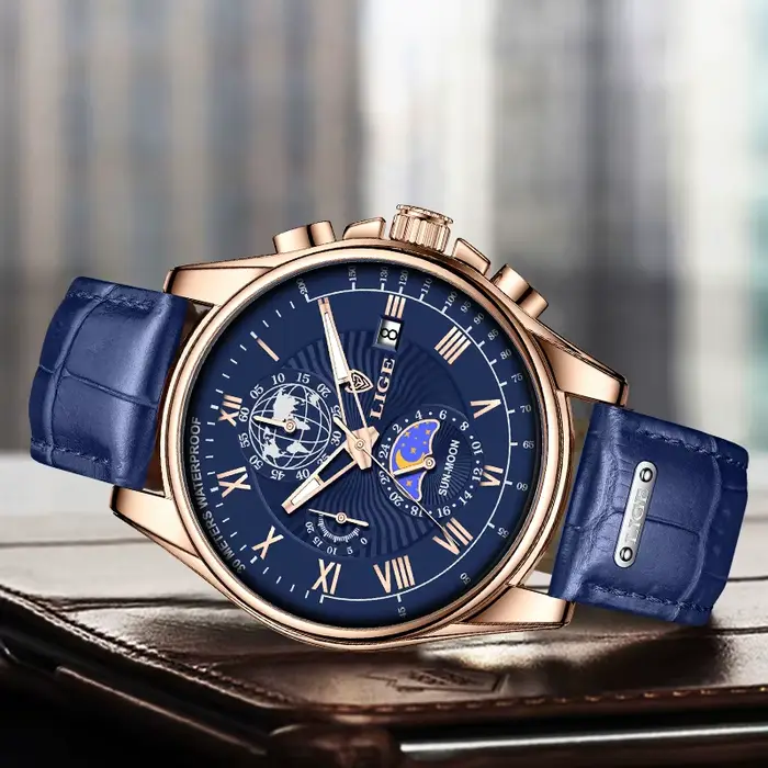LIGE – montre-bracelet en cuir bleu pour hommes