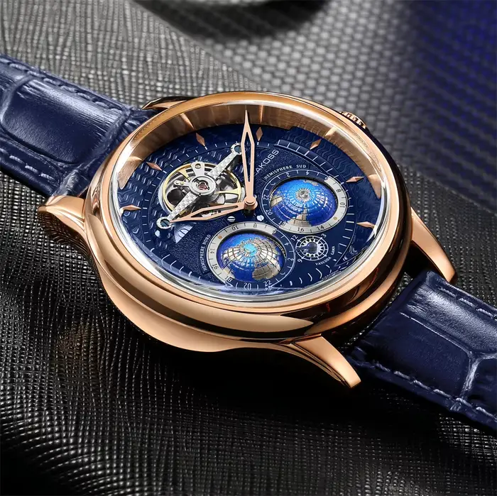  SEAKOSS 47mm hommes montres mécaniques automatiques Double terre heure mondiale verre saphir rotation 3D