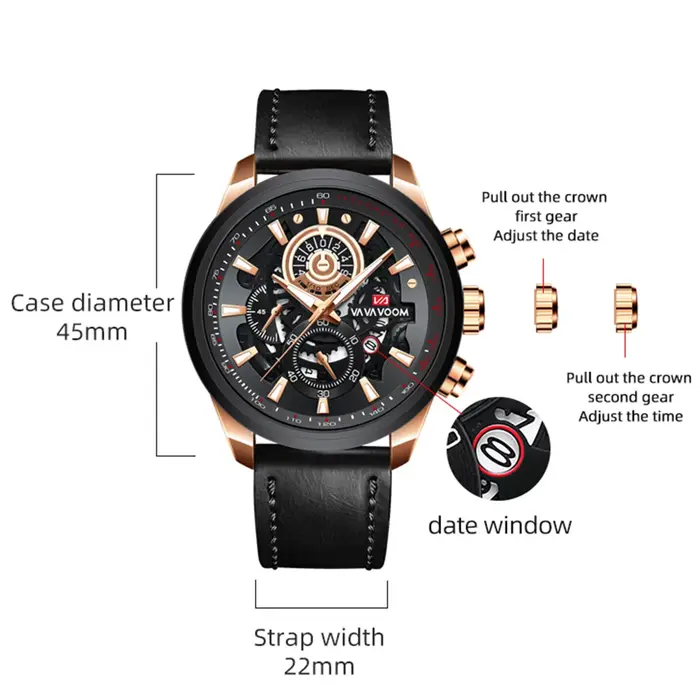 Montre VA VA VOOM en alliage avec bracelet en cuir robuste pour hommes, résistante à l'eau, anti-magnétique et dotée de calendrier complet, idéale pour les sports et les voyages