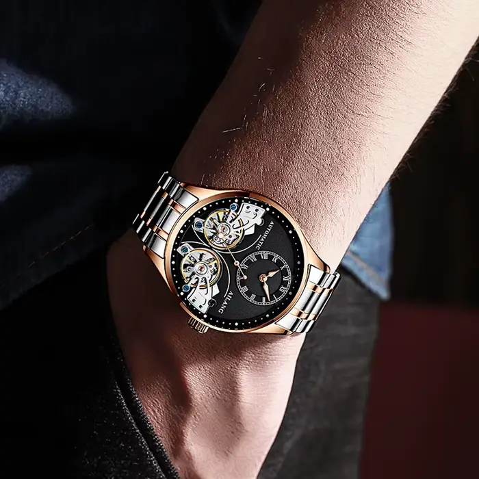AILANG flambant neuf mode Double Tourbillon montre pour hommes de luxe en acier inoxydable étanche automatique montres