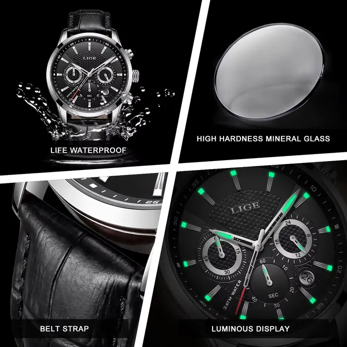Nouvelle Montre Homme LIGE Décontractée et Luxe en Cuir à Quartz Pour Occasions Spéciales Activités Sportives