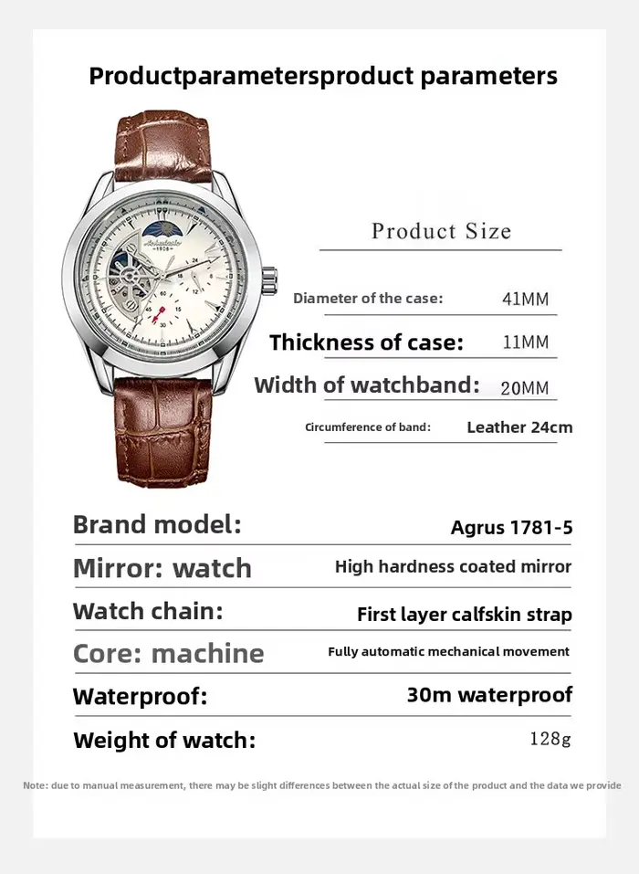 Montre automatique à cinq aiguilles avec squelette lumineux et phase de lune pour homme, acier inoxydable, bracelet en cuir, résistance à l'eau, design mode et casual