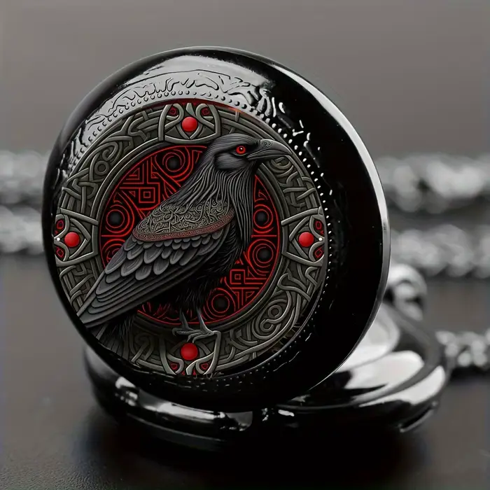 Montre de poche Black Raven au design gothique avec boîtier et bracelet en alliage de collier