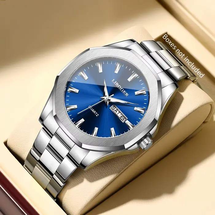 Montre de luxe pour hommes, cadran bleu, en acier inoxydable, calendrier, montre-bracelet à Quartz, 