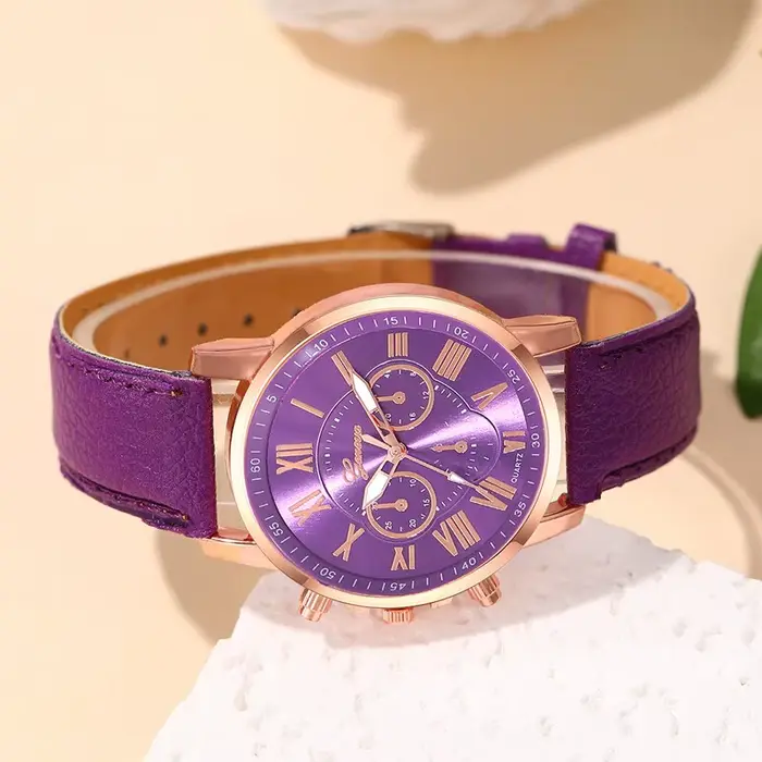 Reloj Mujer Mode Femmes Montres Dames Violet En Cuir Quartz Montre-Bracelet