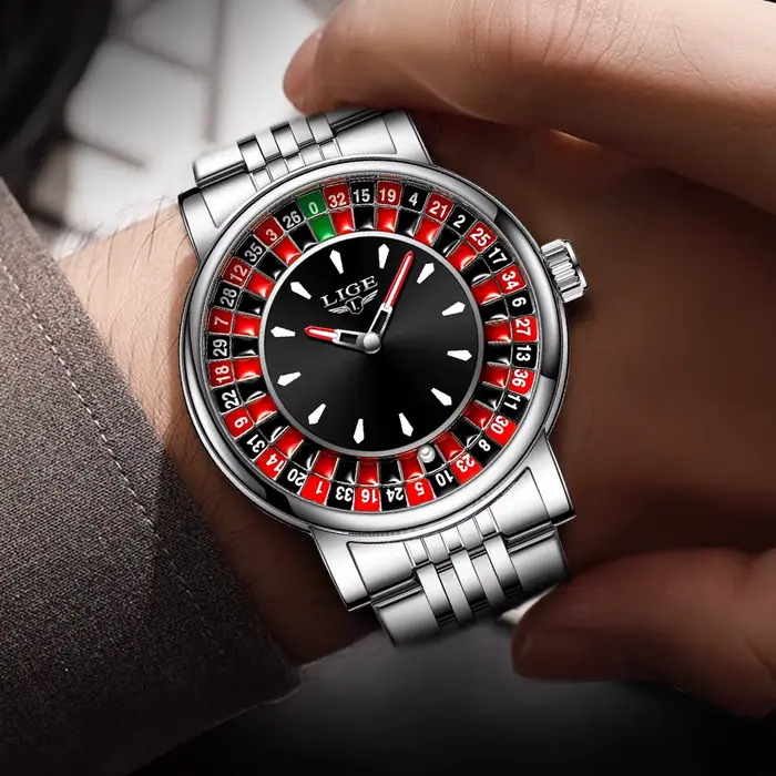 Montre homme LIGE 2025 à cadran rotatif thème roulette Las Vegas étanche lumineuse creative montre-bracelet homme occasions spéciales