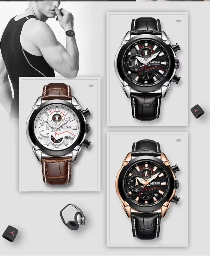 Montre à quartz analogique chronographe pour homme Megir avec date