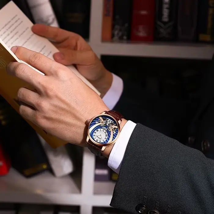 Montre mécanique classique Ailang Real Double Flying Tourbillon en cuir véritable étanche OEM automatique 2026