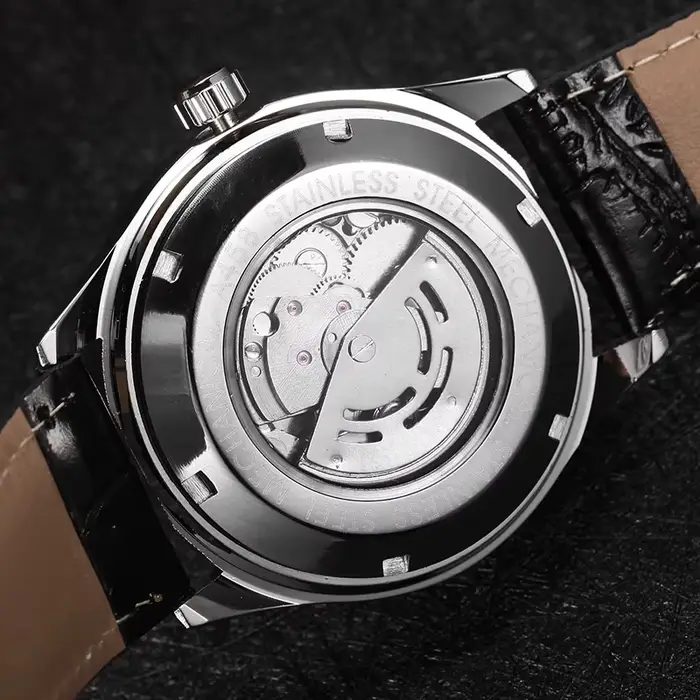 Montre automatique homme T-Winner classique avec bracelet en cuir squelette auto-vent pour occasions formelles et décontractées