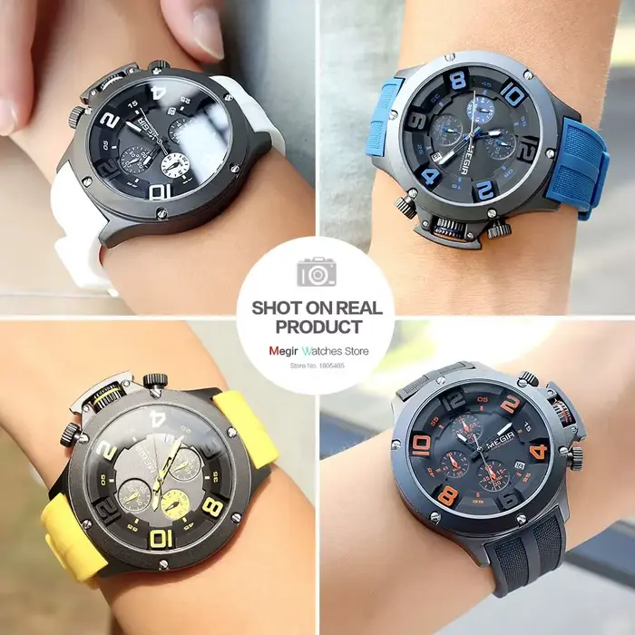 MEGIR grand cadran Sport montre à Quartz pour hommes mode étanche chronographe montre-bracelet avec Date bracelet en Silicone aiguilles lumineuses 8115