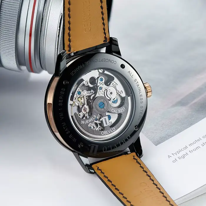 OBLVLO luxe rétro 45mm cadran squelette montres automatiques pour hommes bracelet en cuir de veau cristal minéral étanche montre mécanique VM