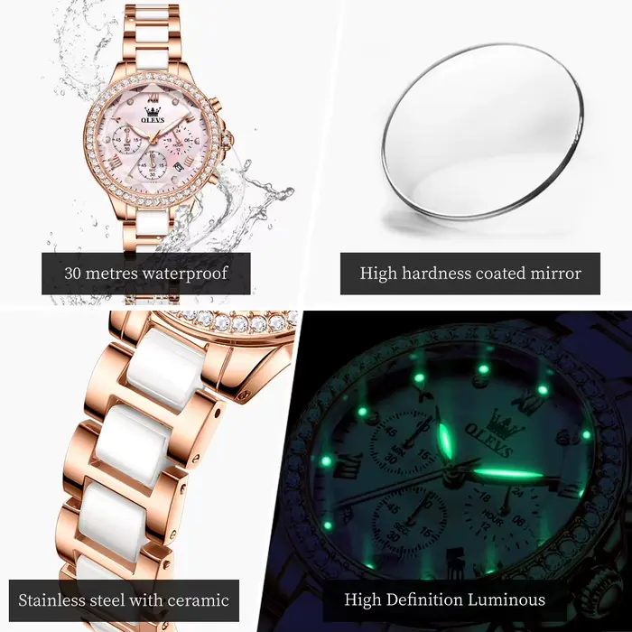 OLEVS 9999 femmes montre marque originale élégante étanche chronographe de luxe en céramique robe rose