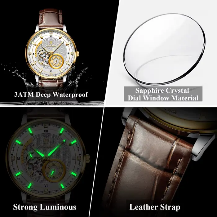 Montre POEDAGAR automatique avec tourbillon ajouré et bracelet en cuir pour hommes d'affaires et occasions spéciales
