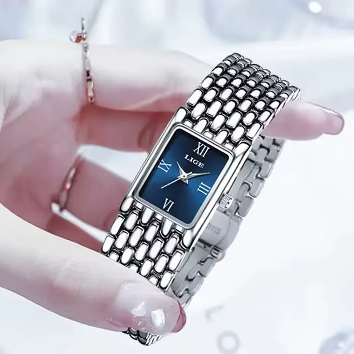 LIGE montre en argent pour femmes carré dames montres à Quartz en acier inoxydable