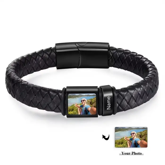 Bracelet en cuir personnalisé avec photo et nom gravé - Bracelet pour homme - Cadeau pour papa - Bij