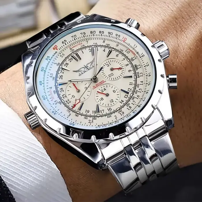 Montre en acier inoxydable pour hommes avec mouvement automatique à remontage automatique et design ajouré pour occasions spéciales et quotidiennes