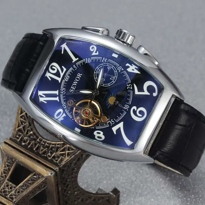 Montre SEWOR en acier inoxydable avec mouvement automatique pour homme, design tonneau, fonction lumineuse et résistance aux chocs, idéale pour toutes les occasions