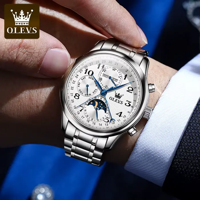 Montre OLEVS 6667 haute technologie pour hommes avec affichage de la phase de lune et de la semaine mode et casual occasions spéciales