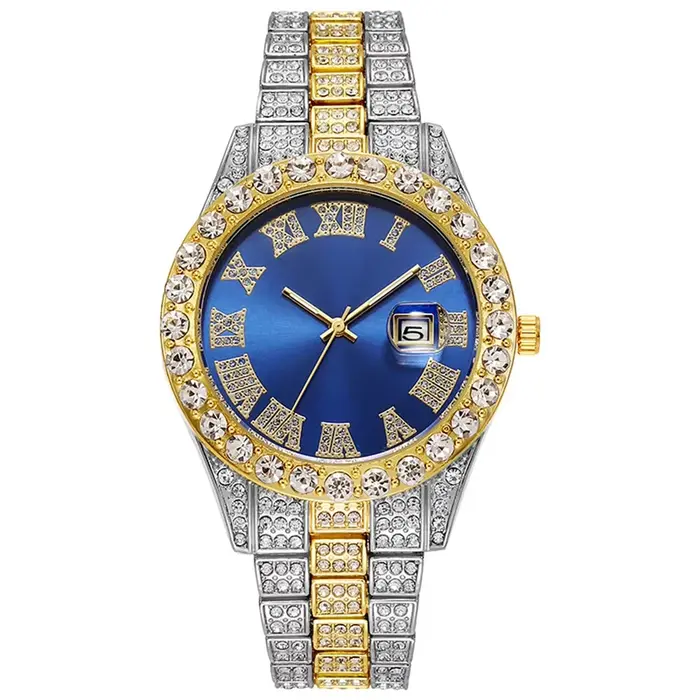 Hip Hop luxe hommes calendrier montre en acier inoxydable couleur or glacé pavé strass montre-bracelet Reloj Hombre