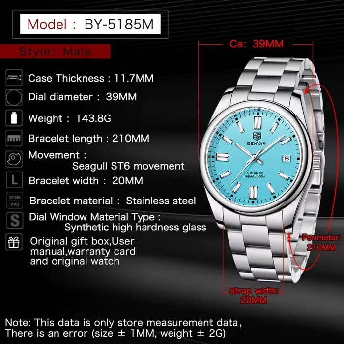 Montre mécanique homme BENYAR acier inoxydable avec mouvement automatique et résistance à l'eau 10 bars pour occasions diverses