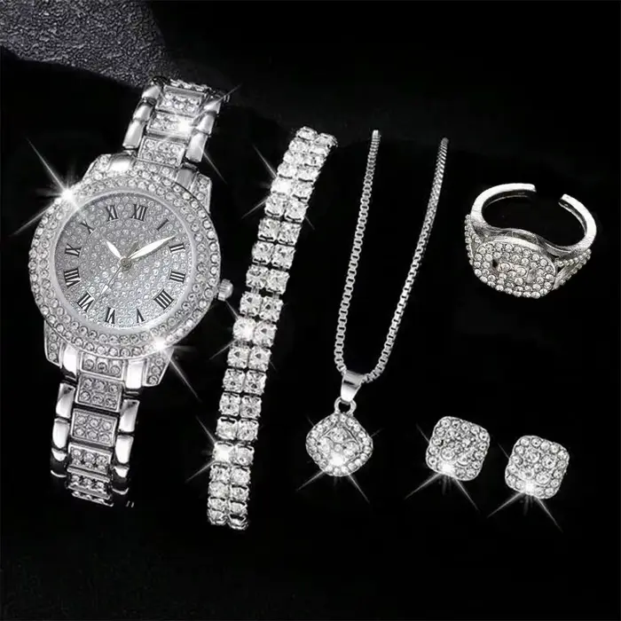 6PCS femmes montre de luxe élégant alliage montre-bracelet en cristal pour dames cadeau