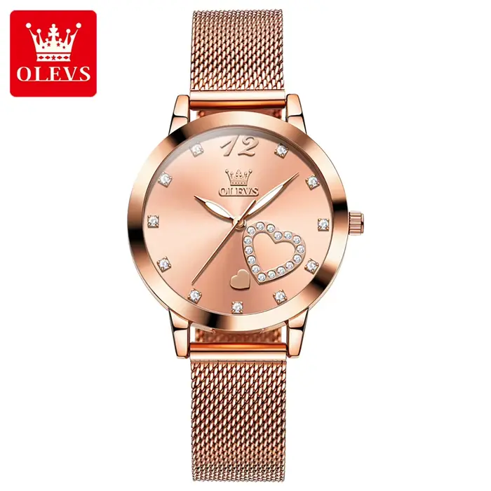 Montre à quartz OLEVS 5189 pour femmes, design cœur d'amour en diamant, élégante, bracelet en acier 