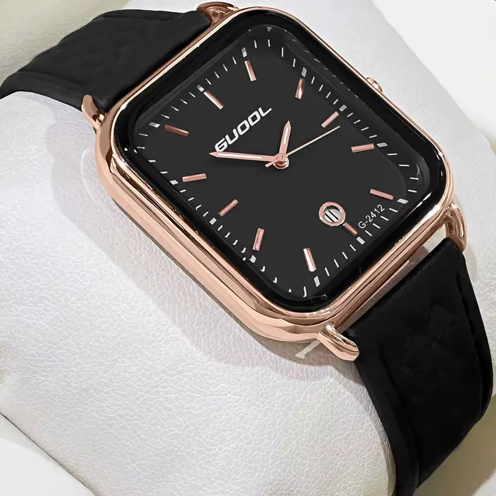 Nouvelle montre à quartz pour femme modèle 2026, avec un boîtier carré en or rose, un cadran à trois
