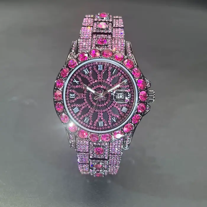 Vente chaude Rose glace montre pour hommes marque de mode MISSFOX Hip Hop plein diamant luxe bijoux Quartz montre-bracelet homme nouveau 2025